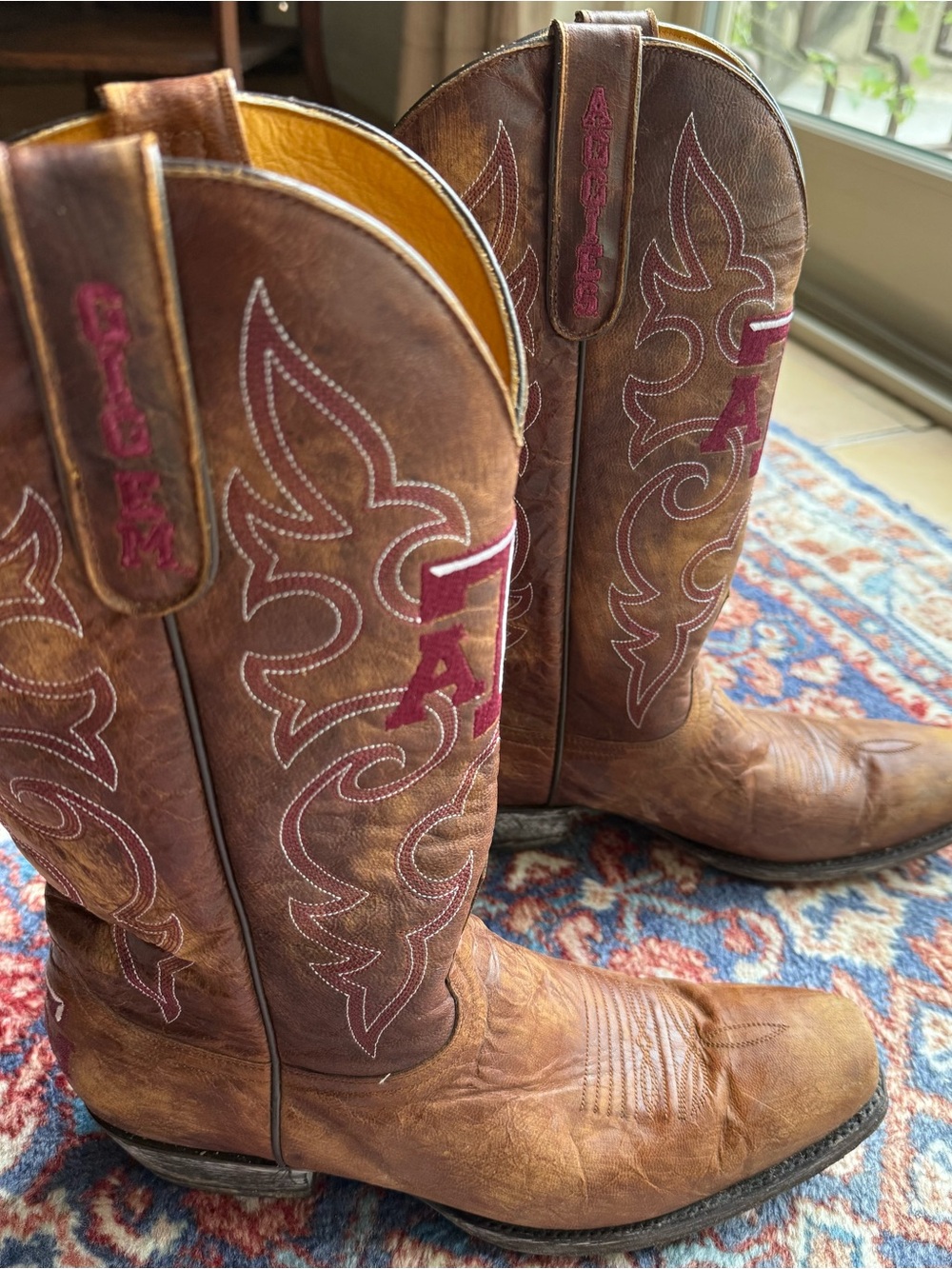 Brown Texas A&M Leather Cowboy Boots with Maroon and white Stitching.